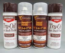 Two cans of Birchwood Casey Tru-oil gun stock finish together with two cans of Webley& Scott VCI 3-