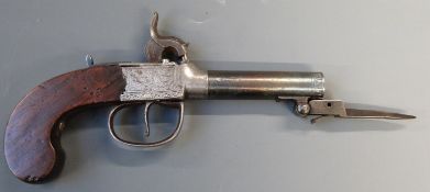 Unnamed percussion hammer action pistol with sprung bayonet, engraved locks and trigger guard,