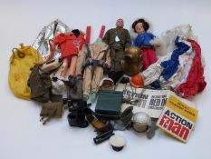 A collection of Action Man and Sindy dolls / figures, outfits and accessories including Official