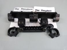 Three pairs of 25mm one piece scope mounts together with a pair of Theoben scope mounts, all new.