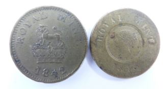 Two Victorian sovereign weights comprising Victoria Royal Mint 1843 gold half sovereign brass coin