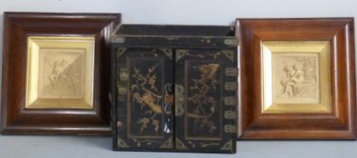 Mah Jong set in a five drawer lacquer cabinet and two plaques in rosewood frames, 25x24cm overall