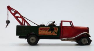 Tri-ang Minic clockwork tinplate Breakdown Lorry with green and red body, red hubs and Minic decals
