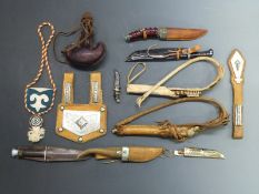 William Rogers stiletto knife with 15cm blade and leather sheath together with a collection of Kazak