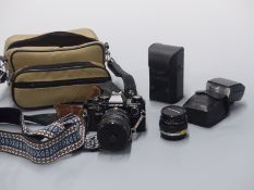 Olympus OM10 SLR camera with 50mm 1:1, 8 lens and Tamron 1:2.8 - 3.8 35 - 80mm lens etc
