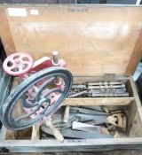Two vintage tool chests, campaign style shelves, saw and a hand drill