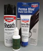 A can of Birchwood Casey Sheath Rust Preventative, a tube of Perma Blue Paste Gun Blue and a