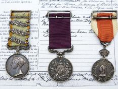 Victorian British Army medal trio comprising Crimea Medal with clasp for Alma, Balaclava &