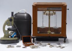 Russian microscope in carry case, Stanton London cased laboratory scales and a quantity of