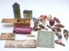 A collection of vintage games including carved wooden chess set, draughts, dice etc together with