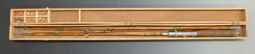 Anonymous cane fly fishing rod with three top crops in fitted sectional box, probably an early