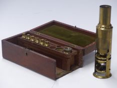 19th century brass field microscope with six various lenses, in mahogany case, length of case 18cm