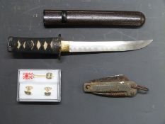 Replica Japanese Tanto, blade length 20cm, Japanese naval cufflinks and a British Naval knife