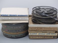 Seventeen 9.5mm Mickey Mouse and similar cine film reels to include examples marked 'Mickey's Taxi