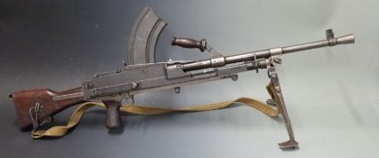 Deactivated Bren MKII .303 light machine gun with wooden stock stamped S.III, pistol grip, canvas