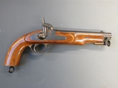 Percussion hammer action Lancers pistol with brass trigger guard and mounts, captive ram rod,