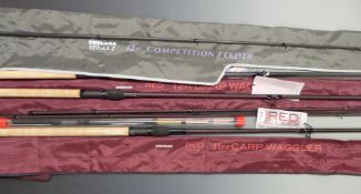 Drennan 12' carp waggler, an 11' example and a Drennan Series 7 12' competition feeder fishing rod