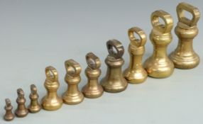 Two runs of bell weights, one 4lb to 2oz, the other 4lb to 4oz, some marked Avery, some Victorian,