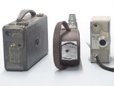 Three vintage cine cameras comprising 16mm Keystone model A9, Kodak Model B and Miller CA 8mm