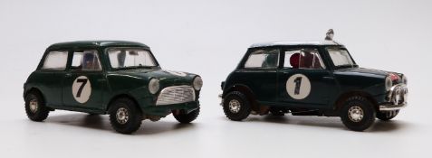 Two Tri-ang Scalextric model motor racing/ slot cars Austin Mini-Cooper with green body, beige