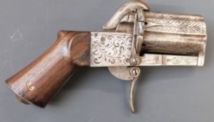 Unnamed 7mm six-shot pinfire pepperbox revolver with all over engraved scrolling decoration, frame