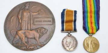 British Army WWI death plaque, War Medal and Victory Medal, named to 86028 Gnr Edgar Collins,