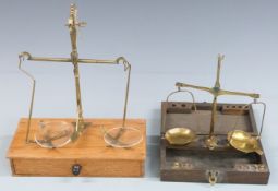 Two sets of travelling beam scales, one in drawer type case, W26cm