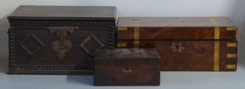 Brass bound walnut writing slope, width 45cm, together with two further boxes, keys, whistle etc