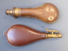Sykes copper and brass powder flask with suspension loops (20cm long) together with a leather and