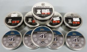 Ten tins of RWS Super-H-Point and H&N Sport Baracuda Hunter .22 air rifle pellets, all new and
