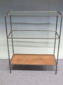 Sectional tubular and sheet glass shop fitting three tier shelf unit, W82 x D36 x H103cm, possible