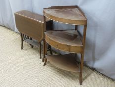 Sutherland table, length 61cm and a corner three-tier whatnot with drawers