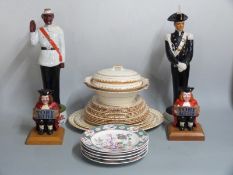 Art Deco Myott part dinner service, set of six Indian Tree plates, Toby Bitter pump heads and