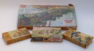 Four Airfix 1:32 and 1:72 scale model kits comprising pontoon bridge assault set, gun emplacement,