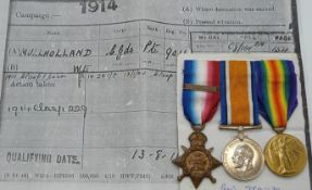 British Army WWI medals comprising Aug-Nov 1914 Mons Star, War Medal and Victory Medal named to 9011