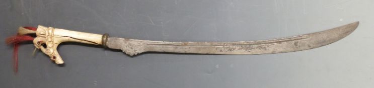 Borneo or similar carved antler handled headhunter's short sword, blade length 46cm