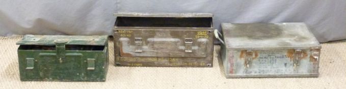 Three ammunition boxes one containing tools including drills, punches, spanners etc