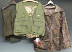 A selection of shooting and fishing clothing to include Showbee Rockee jacket, overtrousers etc,
