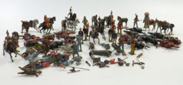 Sixty four Britains lead model soldiers and Indians including Mountain Battery with three mules