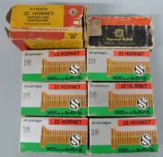 Ninety five mainly Lillier & Bellot .22 Hornet rifle cartridges and 37 empty cases, all in