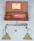 Victorian Vardome, Titfords & Pawson cased travelling beam scale with triangular brass pans and