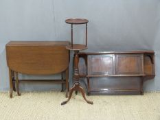 Wall mounted mahogany shelf unit, Sutherland table and a two tier occasional table
