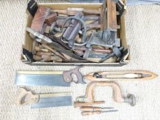 A quantity of vintage woodworking tools including Drabble & Sanderson saw, tools marked Norris,