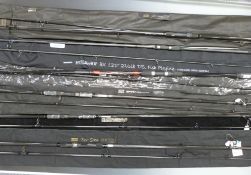 Six carp fishing rods including SKP Spod, Shimano Hyperloop BX120 etc