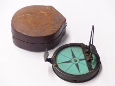 19th or early 20th century surveyor's sighting compass, diameter 10cm in fitted leather case