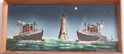 Panel reverse printed with the Lusitania and Mauretania ships, 25x53cm
