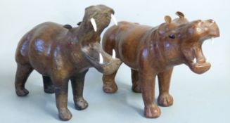 Two leather covered hippos in the style of Liberty, length 30cm