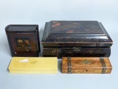 Japanese lacquered large sewing box and contents, brass-bound oak glove box and two other boxes