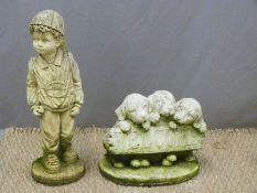 Garden welcome sign held by three puppies together with a model of a boy with rucksack, height 51cm