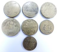 Seven George III brass coin weights for gold sovereign, half sovereign, half guinea etc, one with